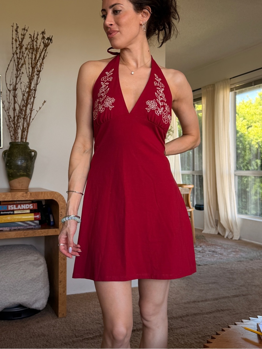 Halter V-Neck Embroidered Red Dress